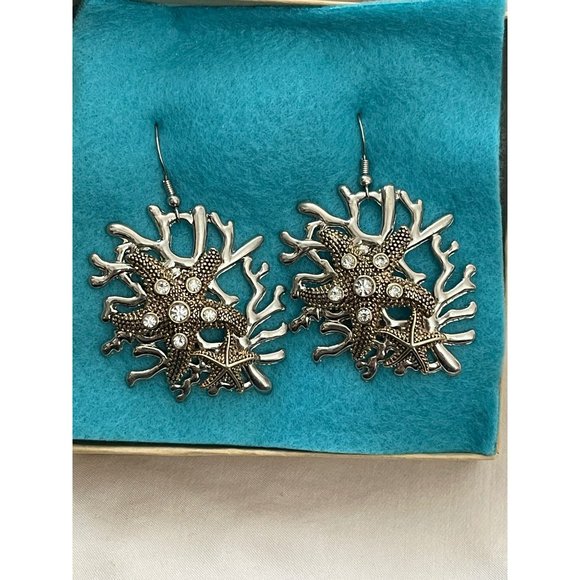 Fashion Jewelry Jewelry - Vintage Silver Tone Coral Starfish Rhinestone Dangle Pierced Earrings